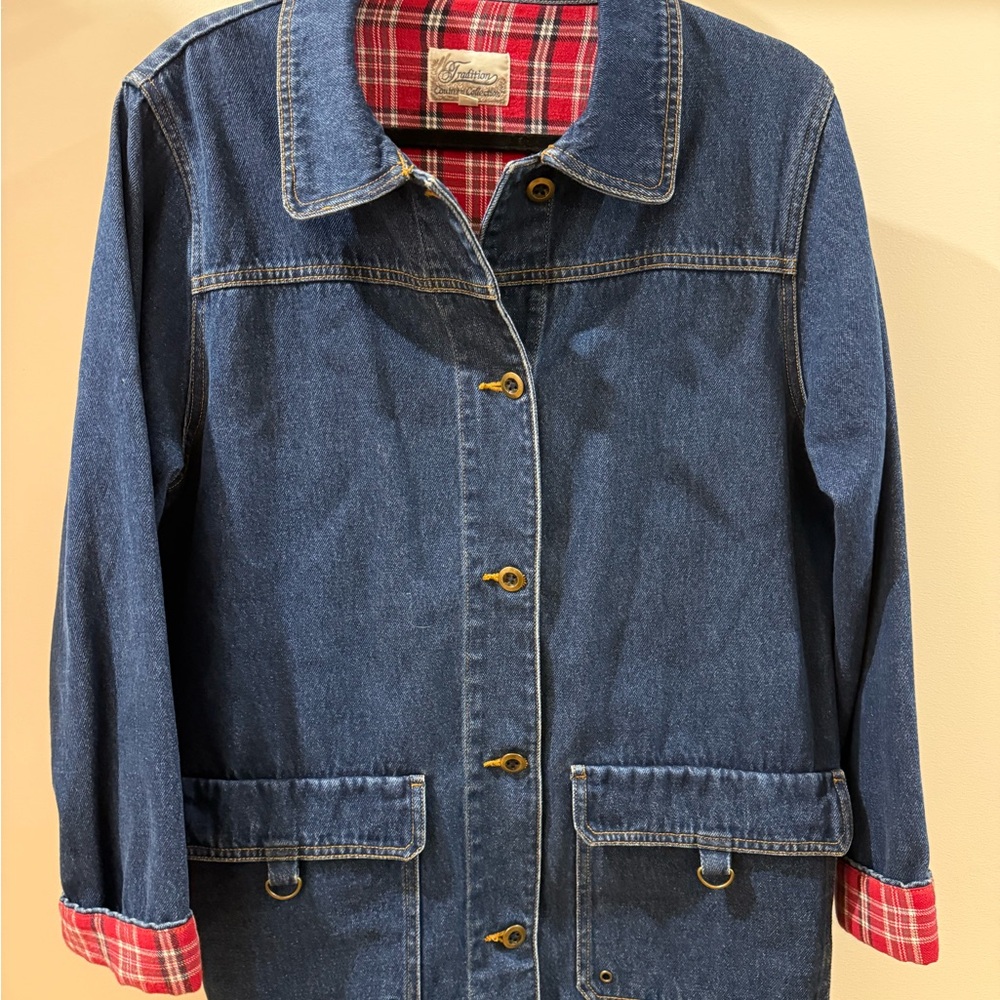 Vintage Women's Blue Denim Jacket with Red Plaid Lining